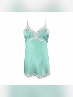 NWT Gold Hawk 100% Silk V-Back Lace Chemise in Winter Surf Green - Medium